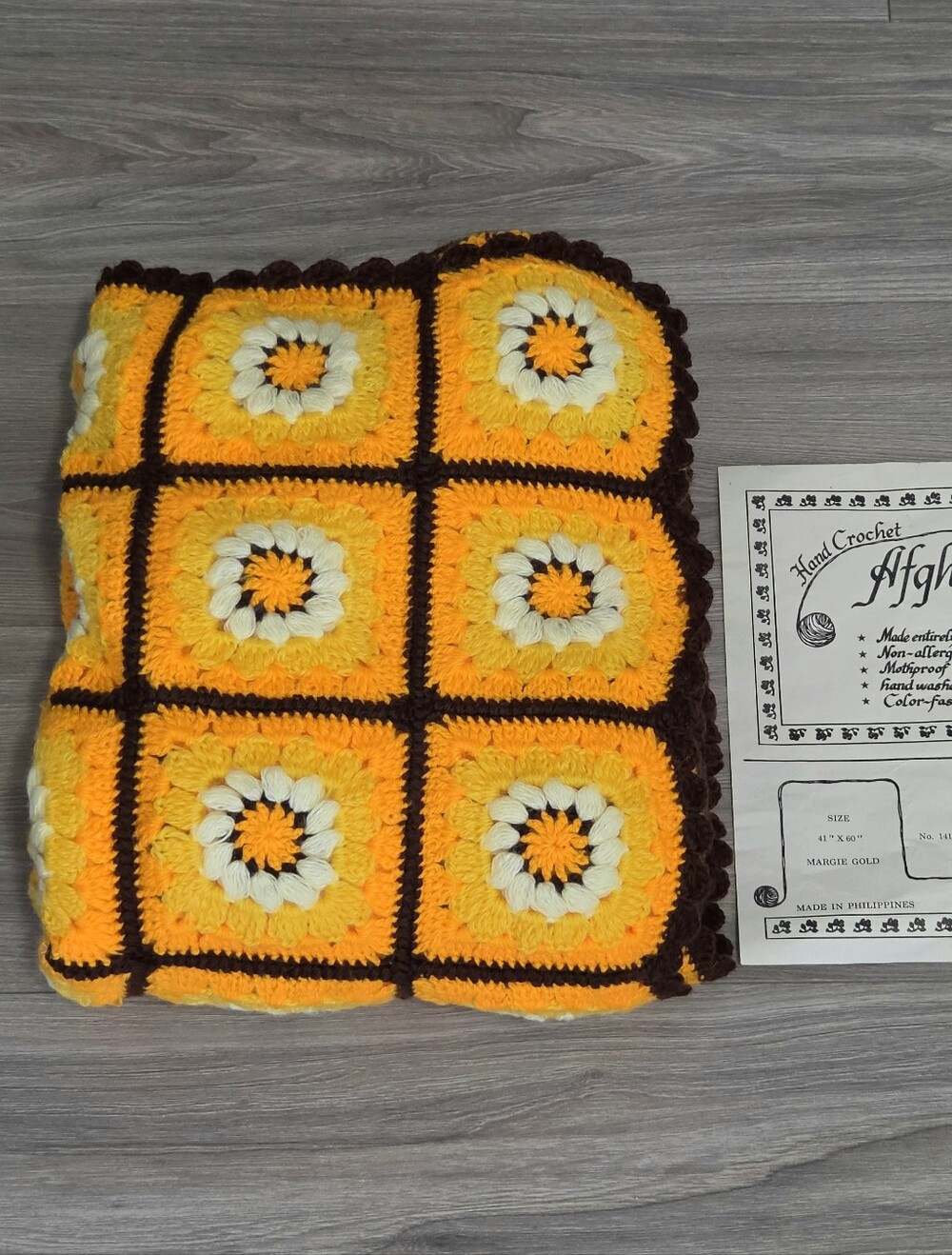 Vintage Hand Crochet Afghan Blanket 41" x 60" Margie Gold Granny Sunflowers